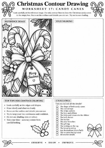 Christmas Candy Canes Contour Drawing Worksheet | Christmas Art | KS3 KS4 | Observational Drawing