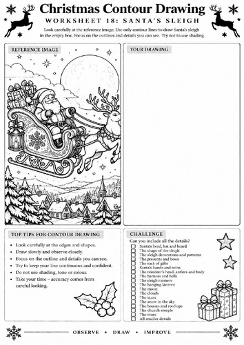 Santa's Sleigh Contour Drawing Worksheet | Christmas Art | KS3 KS4 | Festive Drawing