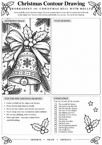 Christmas Bell Contour Drawing Worksheet | Festive Art | KS3 KS4 | Observational Drawing