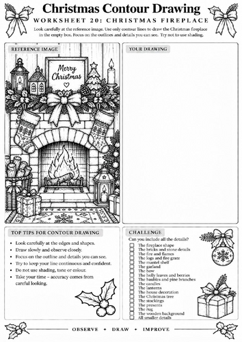 Christmas Fireplace Contour Drawing Worksheet | Christmas Art | KS3 KS4 | Observational Drawing