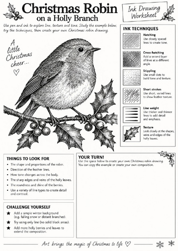 Christmas Robin Ink Drawing Worksheet | KS3 & KS4 Art | Shading, Line & Texture