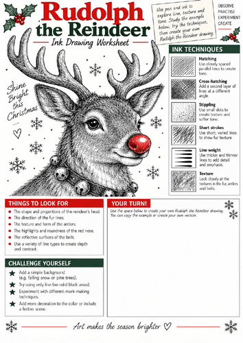 Rudolph the Reindeer Ink Drawing Worksheet | Christmas Art | KS3 & KS4 Shading