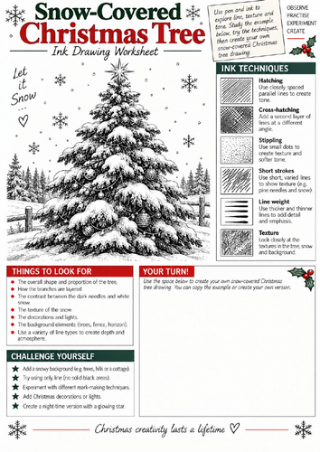Snow-Covered Christmas Tree Ink Drawing Worksheet | KS3 & KS4 Winter Art