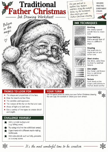 Father Christmas Ink Drawing Worksheet | KS3 & KS4 Art | Portrait Shading