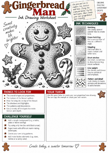 Gingerbread Man Ink Drawing Worksheet | Christmas Art | KS3 & KS4 Pattern & Texture