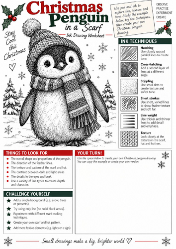 Christmas Penguin Ink Drawing Worksheet | KS3 & KS4 Art | Texture & Shading