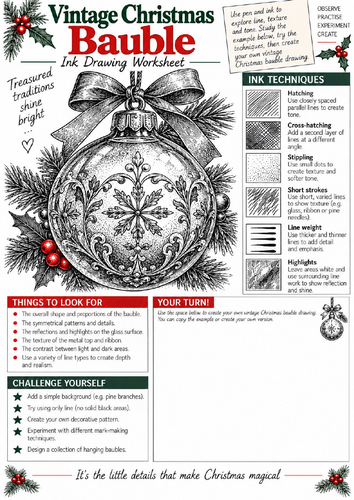 Vintage Christmas Bauble Ink Drawing Worksheet | KS3 & KS4 Art | Pattern & Tone