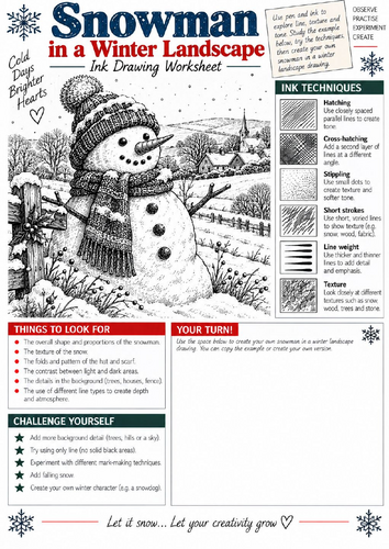 Snowman Winter Landscape Ink Drawing Worksheet | KS3 & KS4 Christmas Art