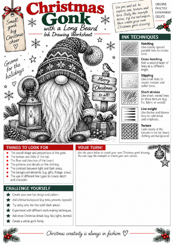 Christmas Gonk Ink Drawing Worksheet | KS3 & KS4 Art | Texture & Shading