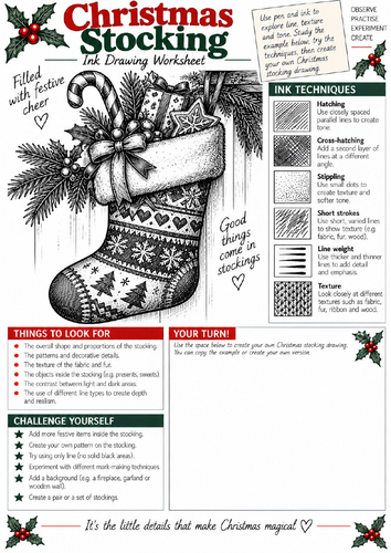 Christmas Stocking Ink Drawing Worksheet | KS3 & KS4 Art | Pattern & Texture