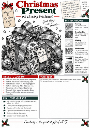 Christmas Present Ink Drawing Worksheet | KS3 & KS4 Art | Shading & Pattern
