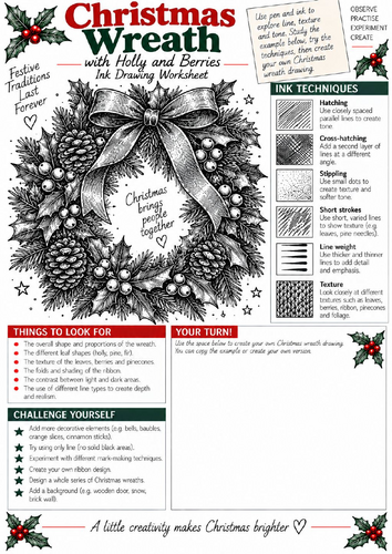Christmas Wreath Ink Drawing Worksheet | KS3 & KS4 Art | Botanical Texture & Shading