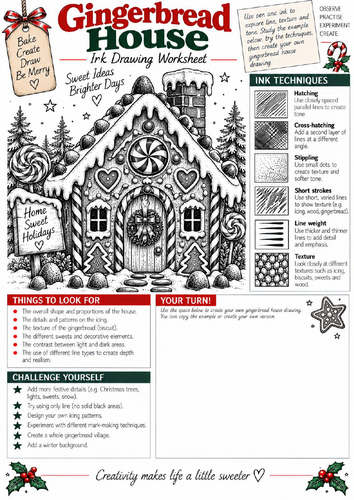 Gingerbread House Ink Drawing Worksheet | KS3 & KS4 Christmas Art | Texture & Pattern