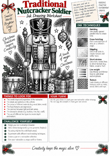 Christmas Nutcracker Soldier Ink Drawing Worksheet | KS3 & KS4 Art | Shading & Detail