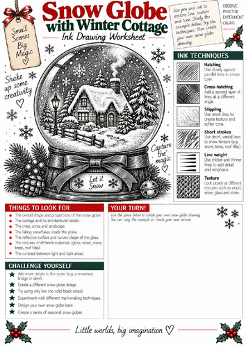 Christmas Snow Globe Ink Drawing Worksheet | KS3 & KS4 Art | Winter Landscape & Shading