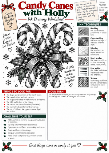 Christmas Candy Canes & Holly Ink Drawing Worksheet | KS3 & KS4 Art | Pattern & Shading