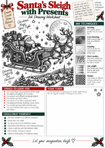 Santa's Sleigh Ink Drawing Worksheet | KS3 & KS4 Christmas Art | Composition & Shading