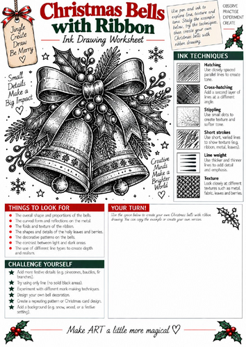 Christmas Bells & Ribbon Ink Drawing Worksheet | KS3 & KS4 Art | Shading & Texture
