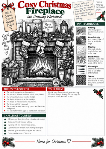 Cosy Christmas Fireplace Ink Drawing Worksheet | KS3 & KS4 Art | Texture & Tonal Shading