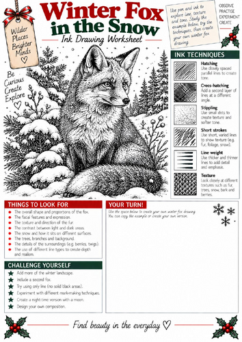 Winter Fox in the Snow Ink Drawing Worksheet | KS3 & KS4 Art | Animal Texture & Shading