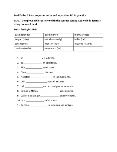 Realidades 2 Para empezar verbs and adjectives fill in practice