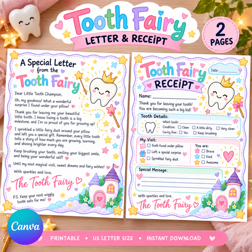 Tooth Fairy Letter and Receipt, Printable Lost Tooth Note, Kids Keepsake, First Lost Tooth Gift, Mag