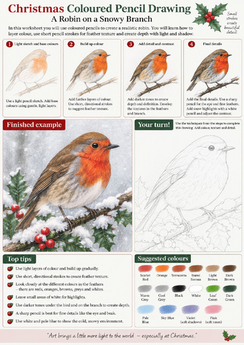 hristmas Robin Coloured Pencil Drawing Worksheet | Step-by-Step Christmas Art | KS3 KS4