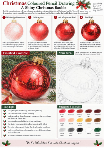 Christmas Bauble Coloured Pencil Drawing Worksheet | Realistic Shading Art | KS3 KS4