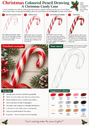 Christmas Candy Cane Coloured Pencil Drawing Worksheet | Festive Art Activity | KS3 KS4