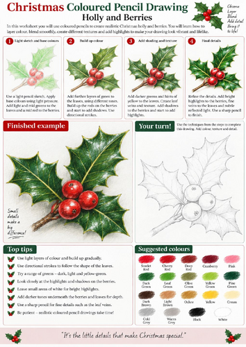 Christmas Holly and Berries Coloured Pencil Drawing Worksheet | Botanical Art | KS3 KS4