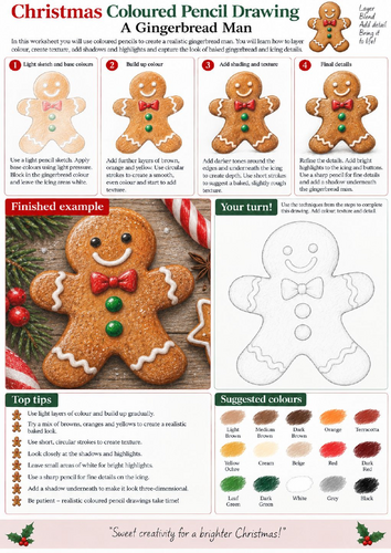 Christmas Gingerbread Man Coloured Pencil Drawing Worksheet | Festive Art | KS3 KS4