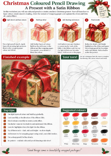 Christmas Present Coloured Pencil Drawing Worksheet | Ribbon and Texture Art | KS3 KS4