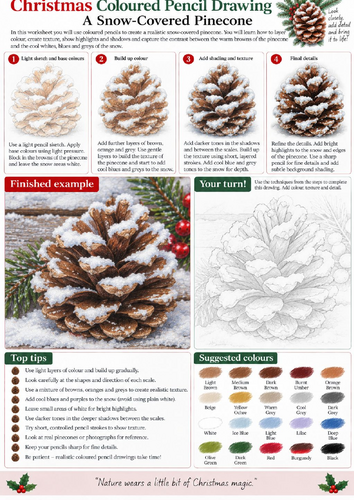 Snowy Pinecone Coloured Pencil Drawing Worksheet | Winter Nature Art | KS3 KS4