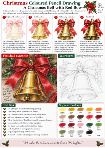 Christmas Bell Coloured Pencil Drawing Worksheet | Metallic Shading Art | KS3 KS4