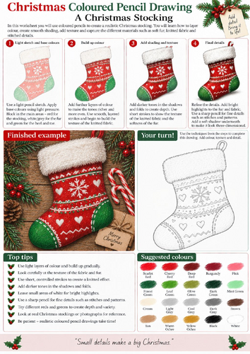 Christmas Stocking Coloured Pencil Drawing Worksheet | Fabric Texture Art | KS3 KS4