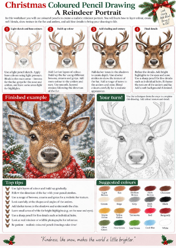 Christmas Reindeer Coloured Pencil Drawing Worksheet | Wildlife Portrait Art | KS3 KS4