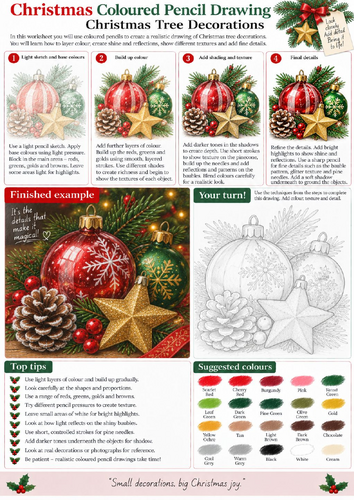 Christmas Tree Decorations Coloured Pencil Drawing Worksheet | Festive Art | KS3 KS4