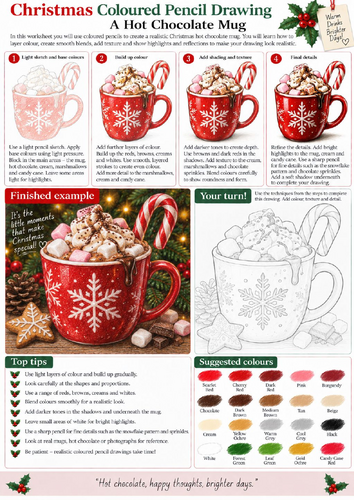 Christmas Hot Chocolate Coloured Pencil Drawing Worksheet | Festive Food Art | KS3 KS4