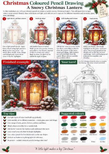 Christmas Lantern Coloured Pencil Drawing Worksheet | Light and Shadow Art | KS3 KS4