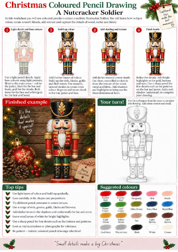 Christmas Nutcracker Coloured Pencil Drawing Worksheet | Festive Character Art | KS3 KS4