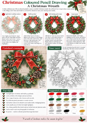 Christmas Wreath Coloured Pencil Drawing Worksheet | Botanical Festive Art | KS3 KS4