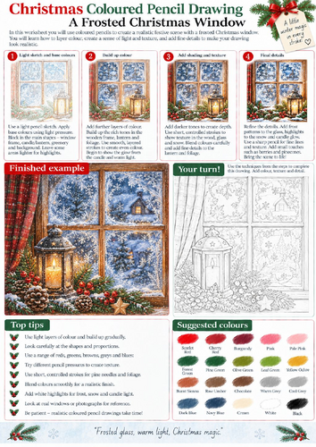 Frosted Christmas Window Coloured Pencil Drawing Worksheet | Winter Landscape Art | KS3 KS4