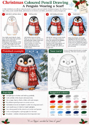 Christmas Penguin Coloured Pencil Drawing Worksheet | Winter Animal Art | KS3 KS4