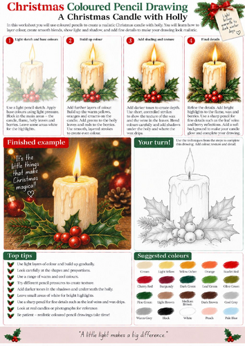 Christmas Candle Coloured Pencil Drawing Worksheet | Light and Shadow Art | KS3 KS4