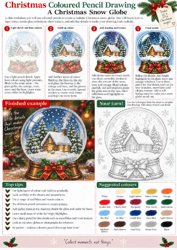 Christmas Snow Globe Coloured Pencil Drawing Worksheet | Winter Scene Art | KS3 KS4