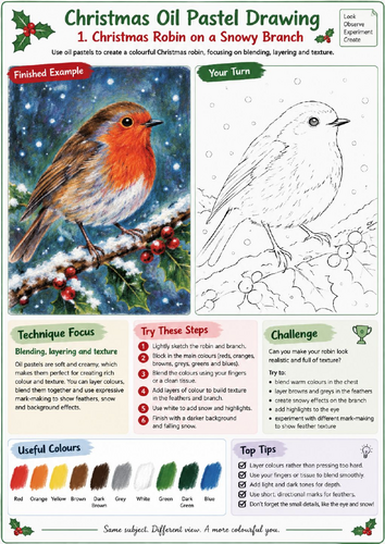 Christmas Robin Oil Pastel Drawing Worksheet | Festive Winter Art | KS3 KS4