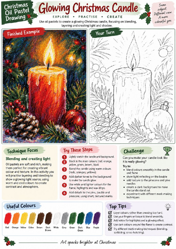 Christmas Candle Oil Pastel Drawing Worksheet | Light and Blending Art | KS3 KS4
