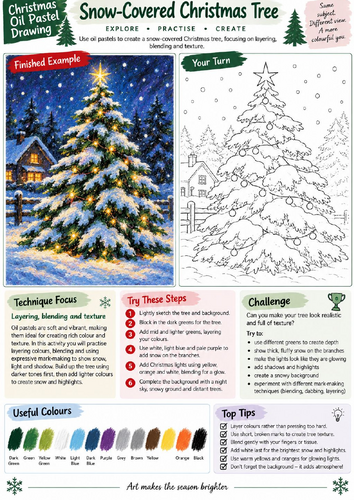 Snowy Christmas Tree Oil Pastel Drawing Worksheet | Winter Landscape Art | KS3 KS4