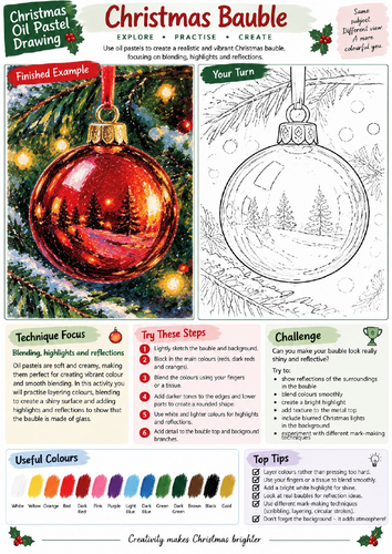Christmas Bauble Oil Pastel Drawing Worksheet | Reflections and Blending | KS3 KS4