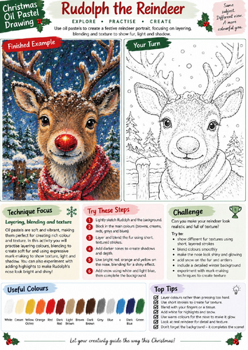 Rudolph the Reindeer Oil Pastel Drawing Worksheet | Christmas Animal Art | KS3 KS4